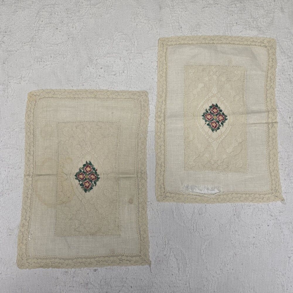 Vintage Diamond Rose Lace Embroidered Dinner Napkins Set 2 Bridgeton Cottagecore